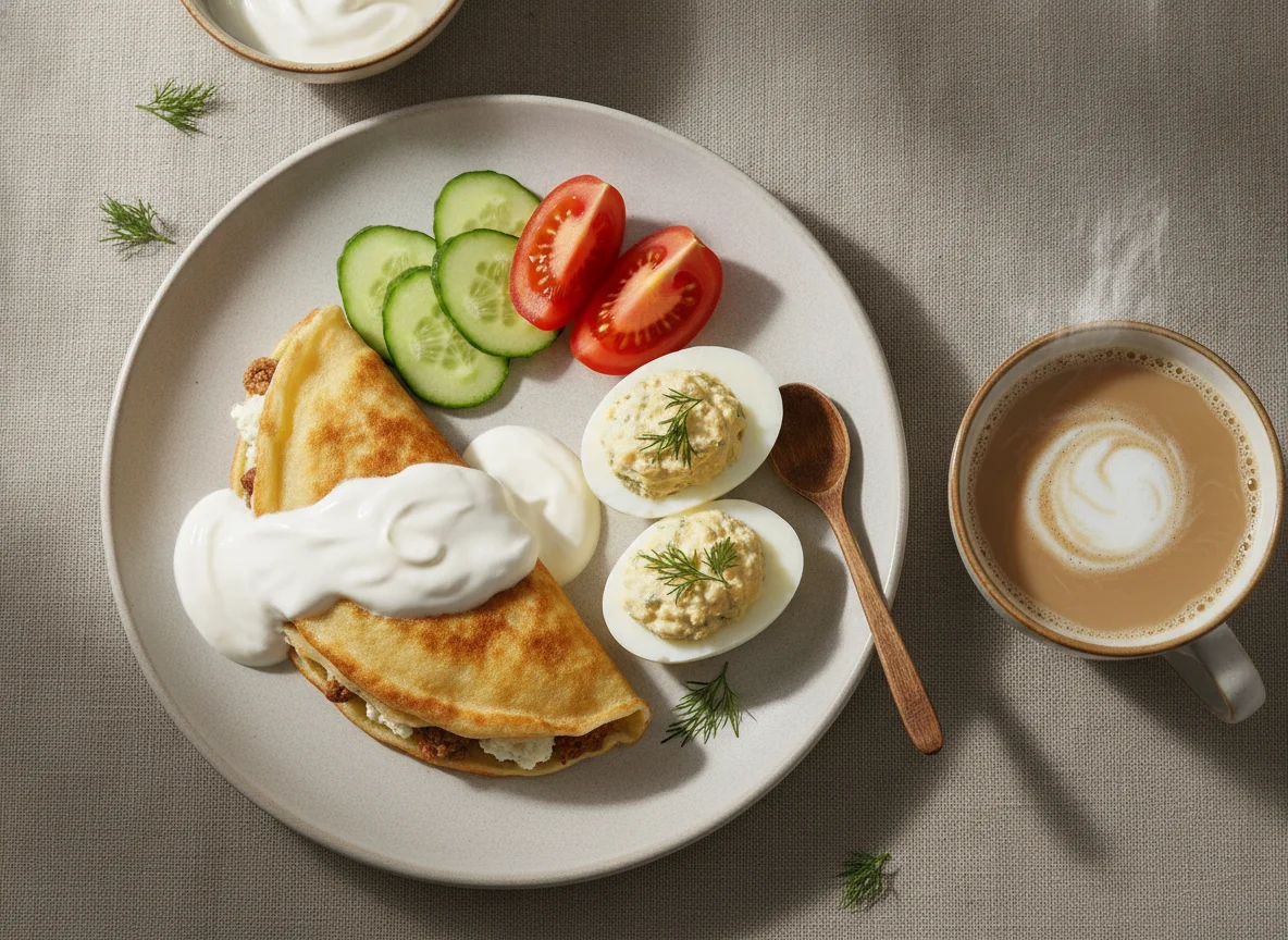 Завтрак с блином, яйцами и овощами photo