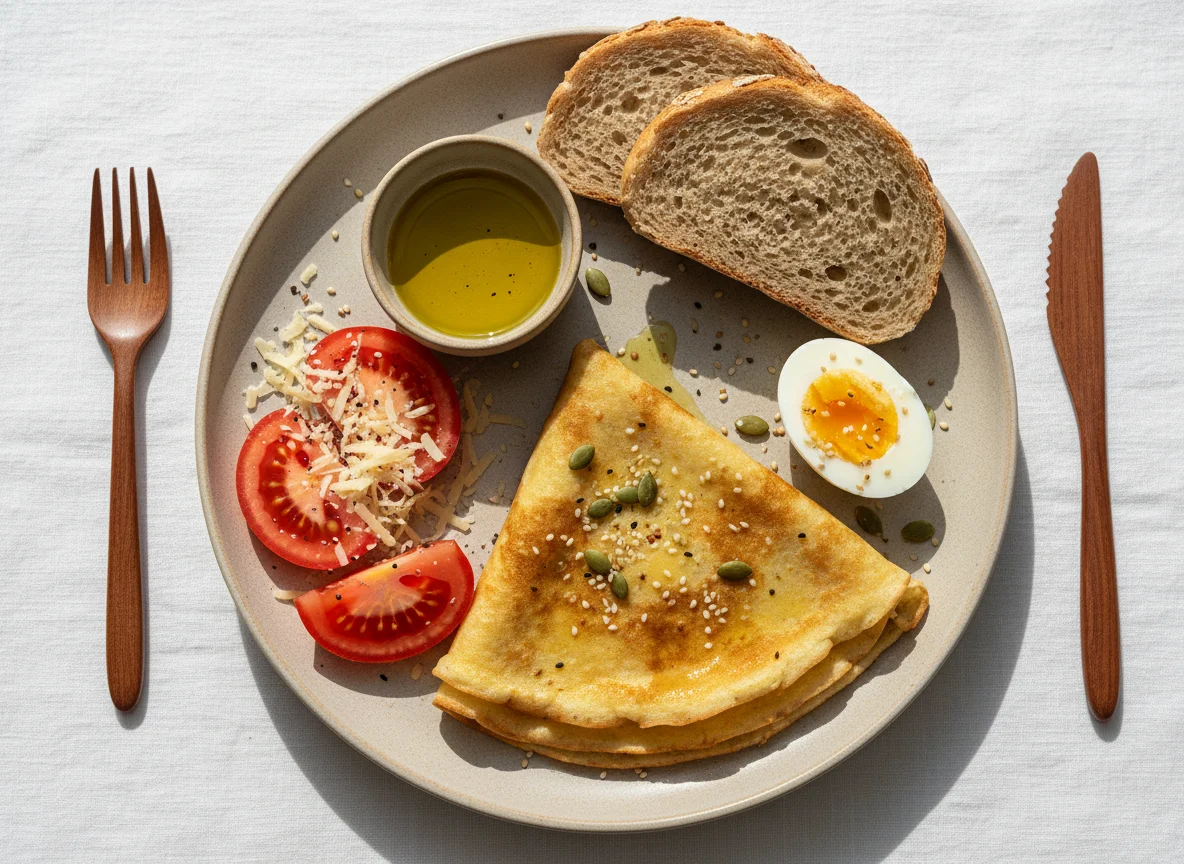 Завтрак с блином, яйцом и овощами photo