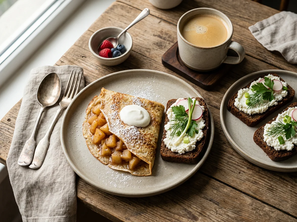 Завтрак с блином и бутербродами photo