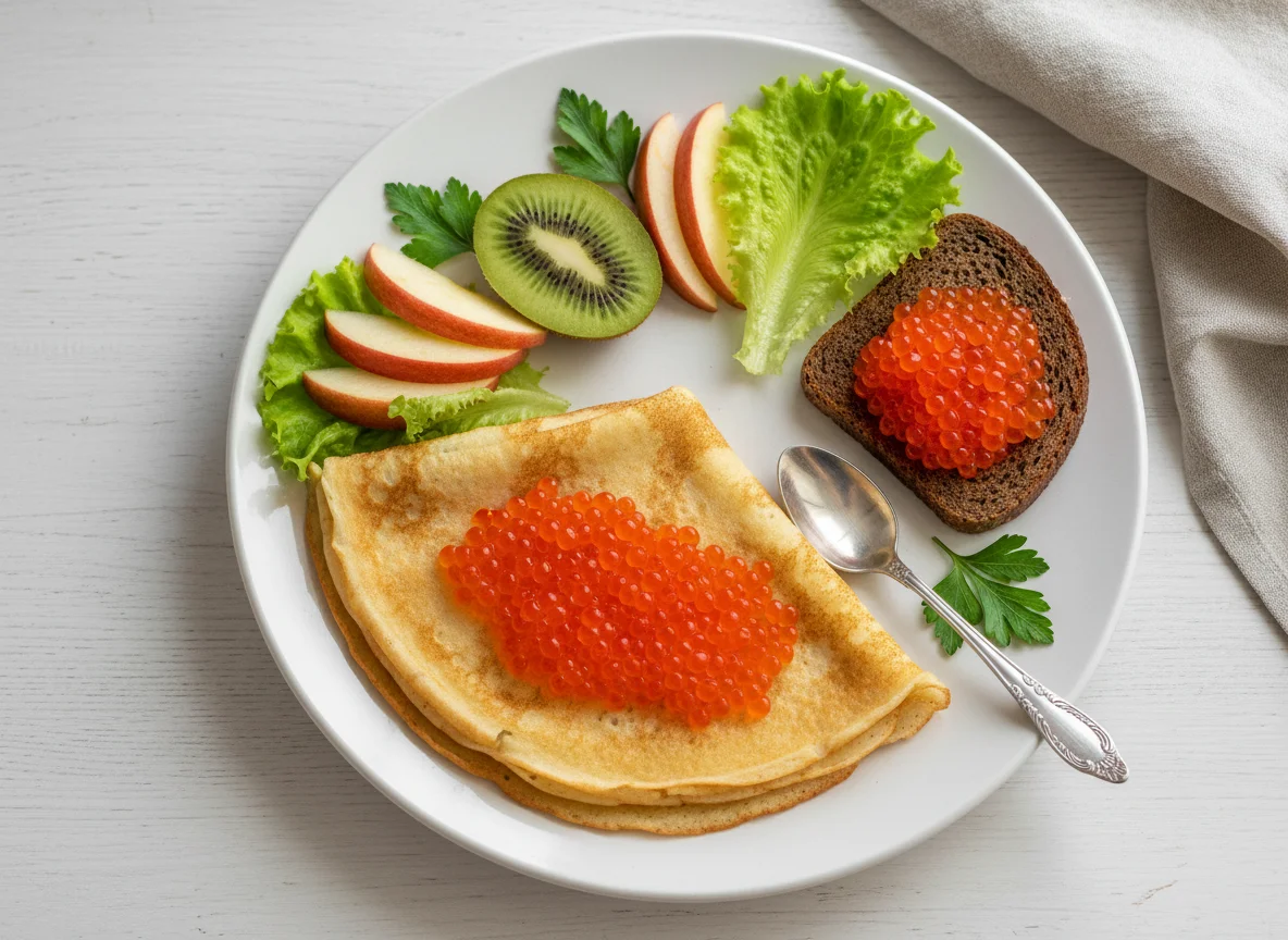 Завтрак с блином, икрой и фруктами photo