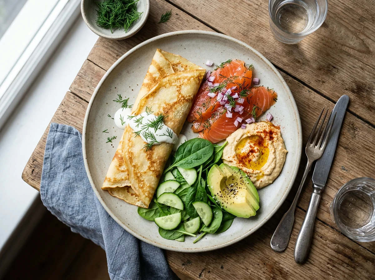 Завтрак с блином, рыбой и овощами photo