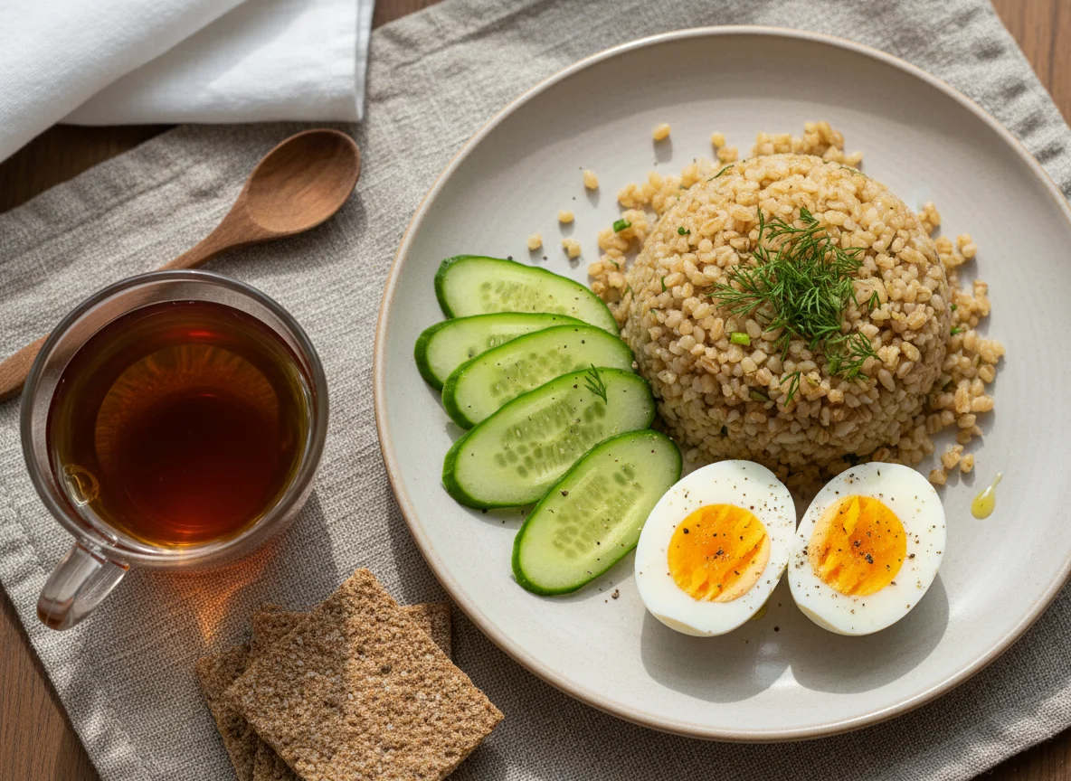 Завтрак с булгуром, яйцами и овощами photo