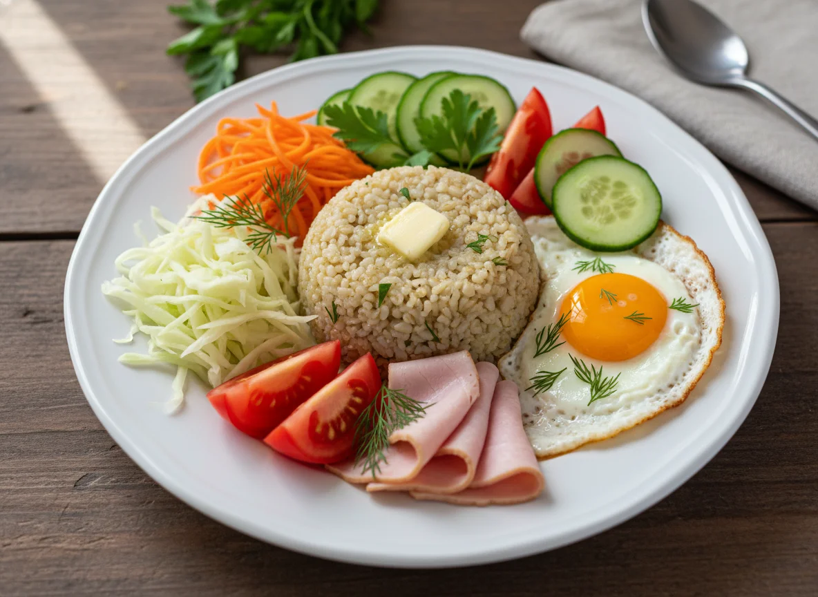 Завтрак с булгуром, яйцом и овощами photo