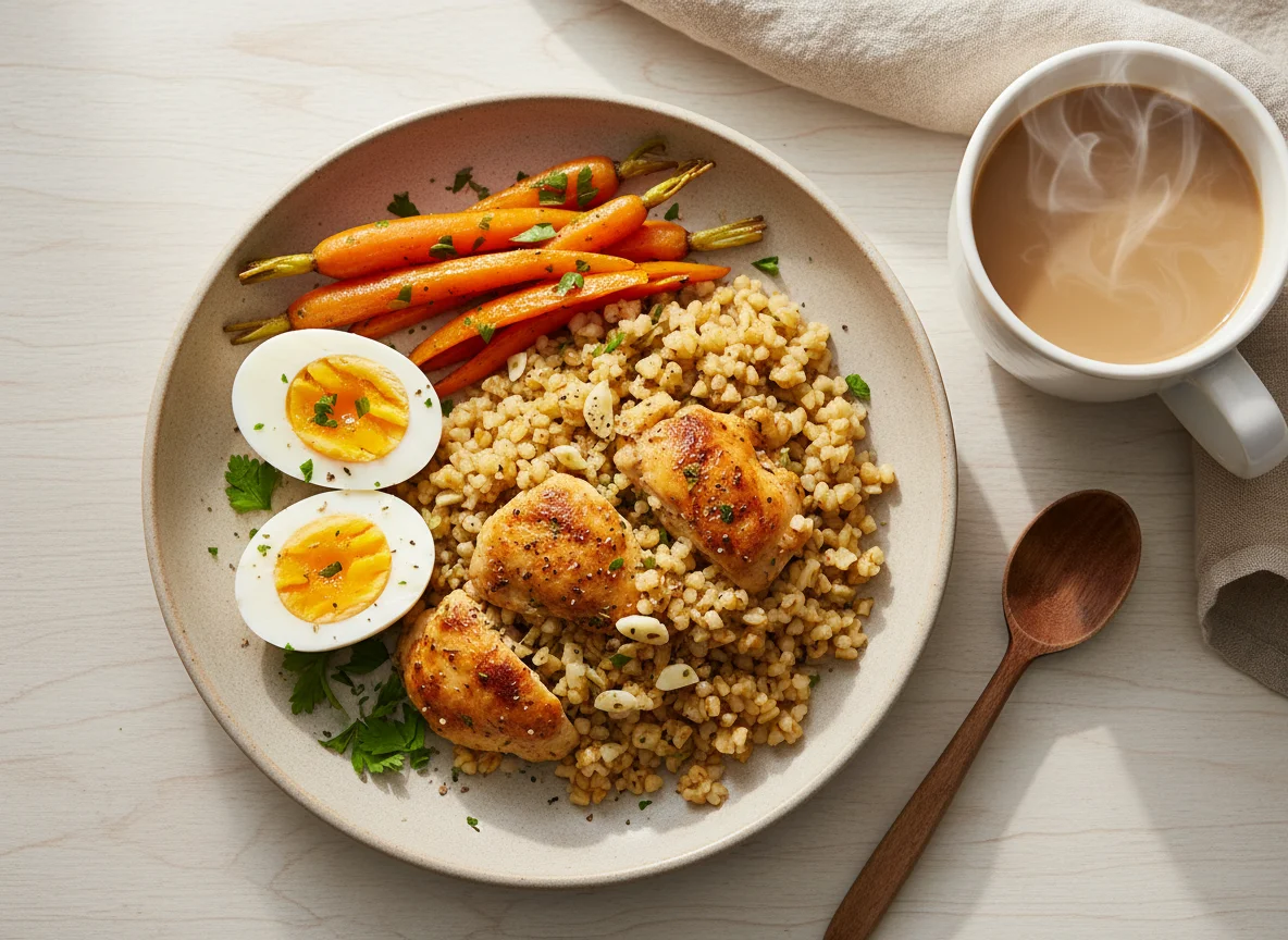 Завтрак с булгуром, курицей и овощами photo