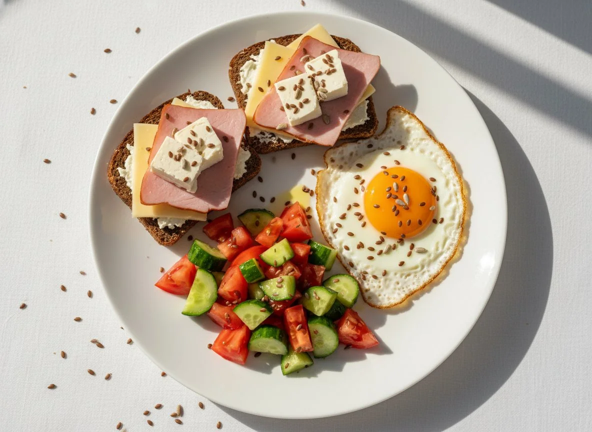 Завтрак с бутербродами, яичницей и овощным салатом photo