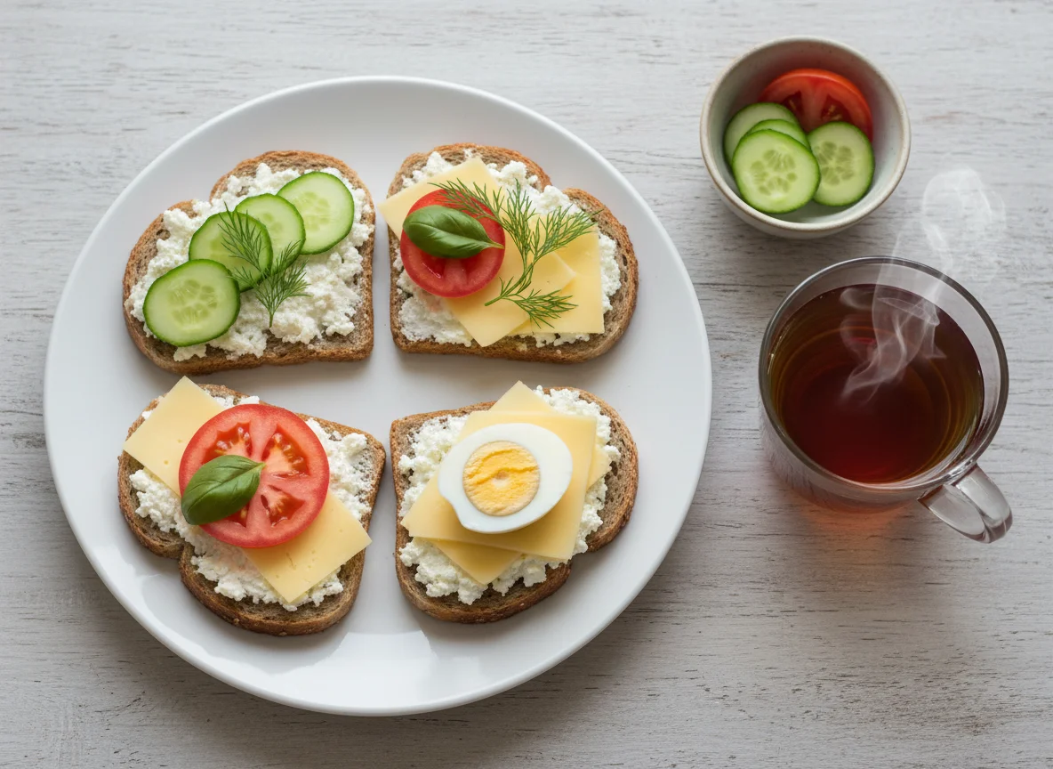 Завтрак с бутербродами, яйцами и чаем photo