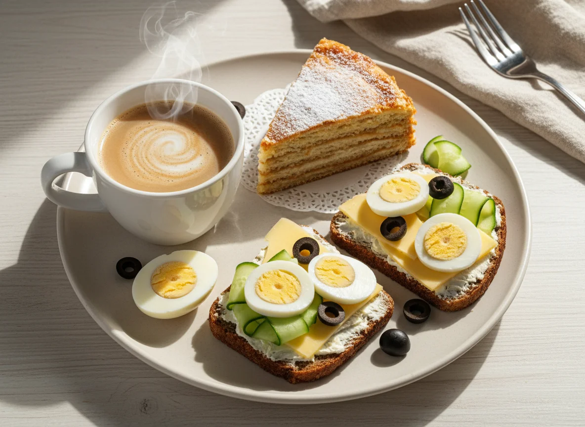 Завтрак с бутербродами, яйцами и десертом photo