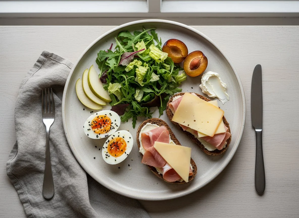 Завтрак с бутербродами, яйцами и фруктами photo