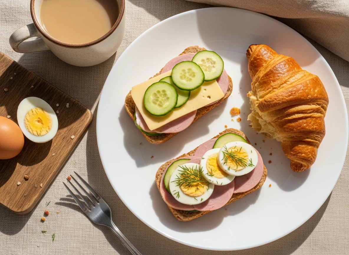 Завтрак с бутербродами, яйцами и кофе photo