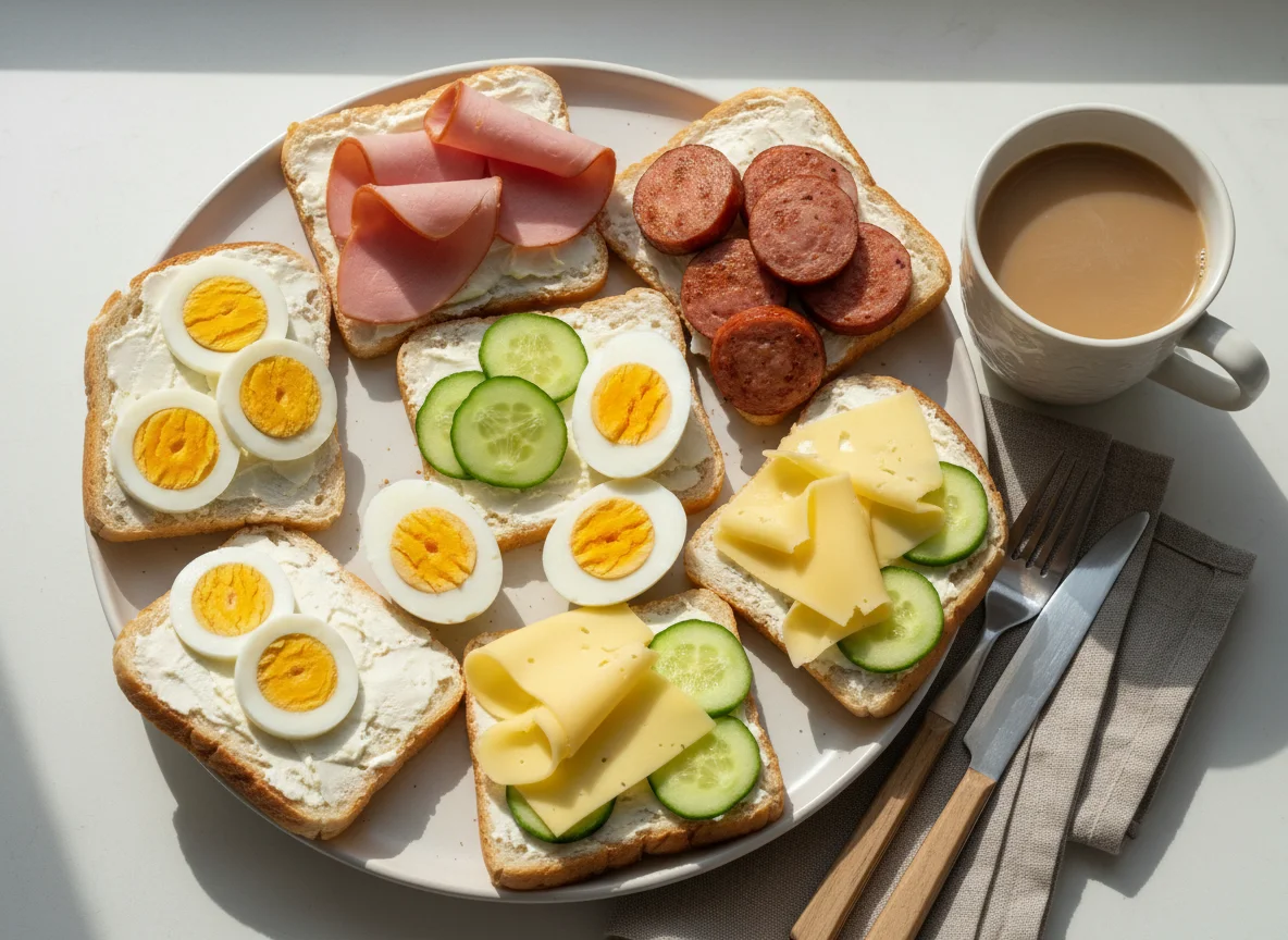 Завтрак с бутербродами, яйцами и колбасой photo