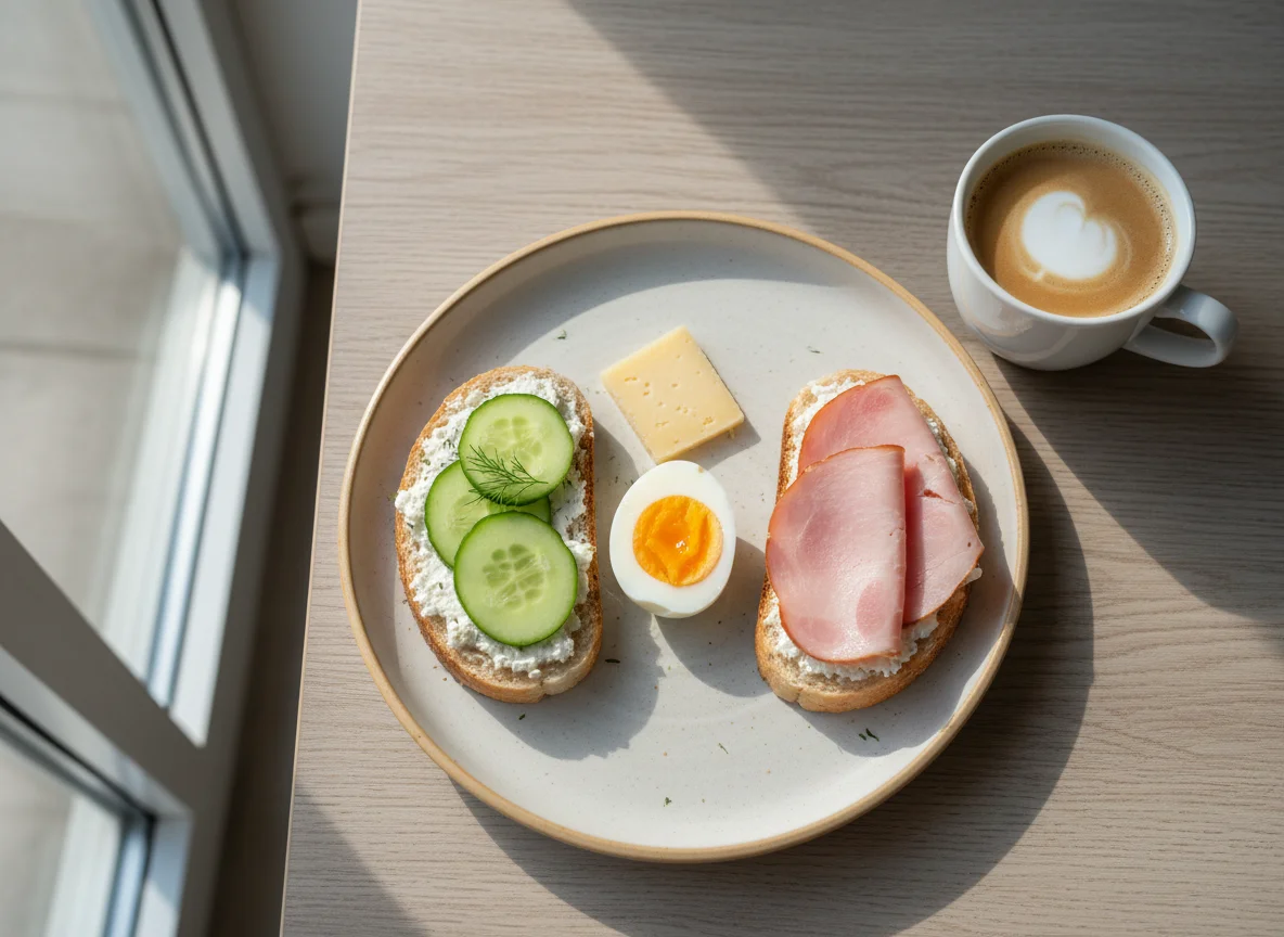 Завтрак с бутербродами, яйцами и мясной нарезкой photo