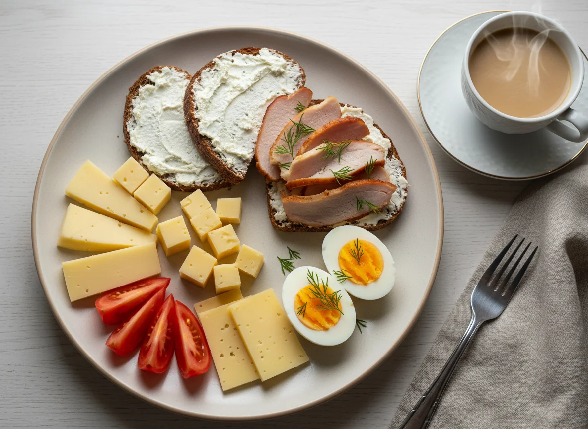 Завтрак с бутербродами, яйцами и сыром photo