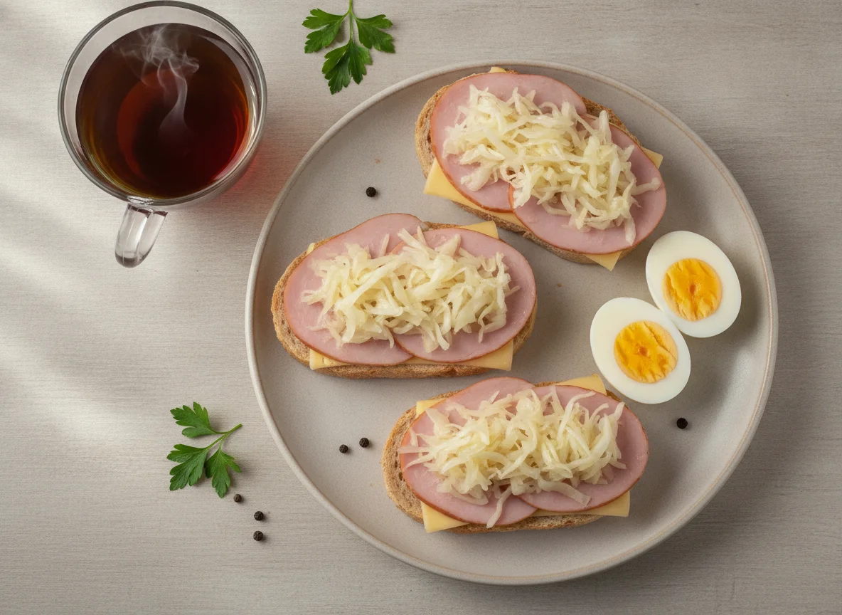 Завтрак с бутербродами, яйцом и чаем photo