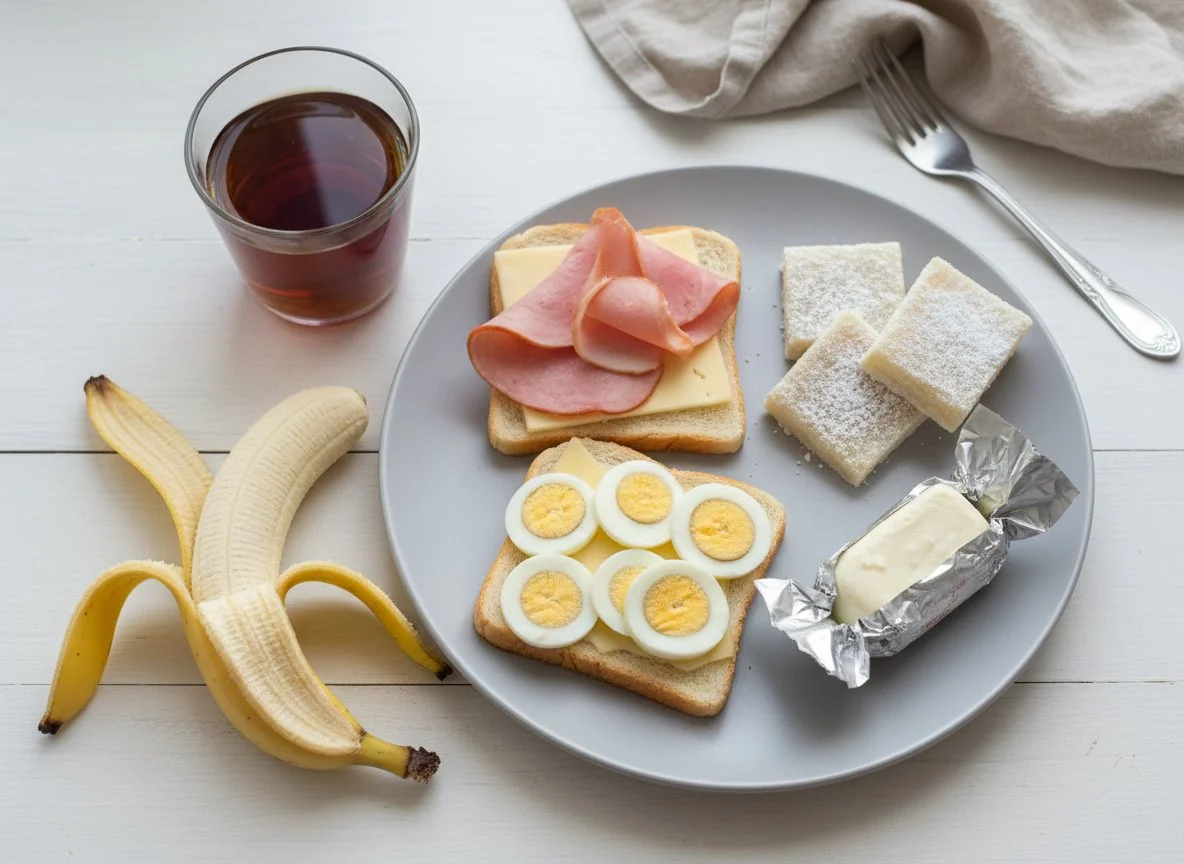 Завтрак с бутербродами, яйцом и фруктами photo