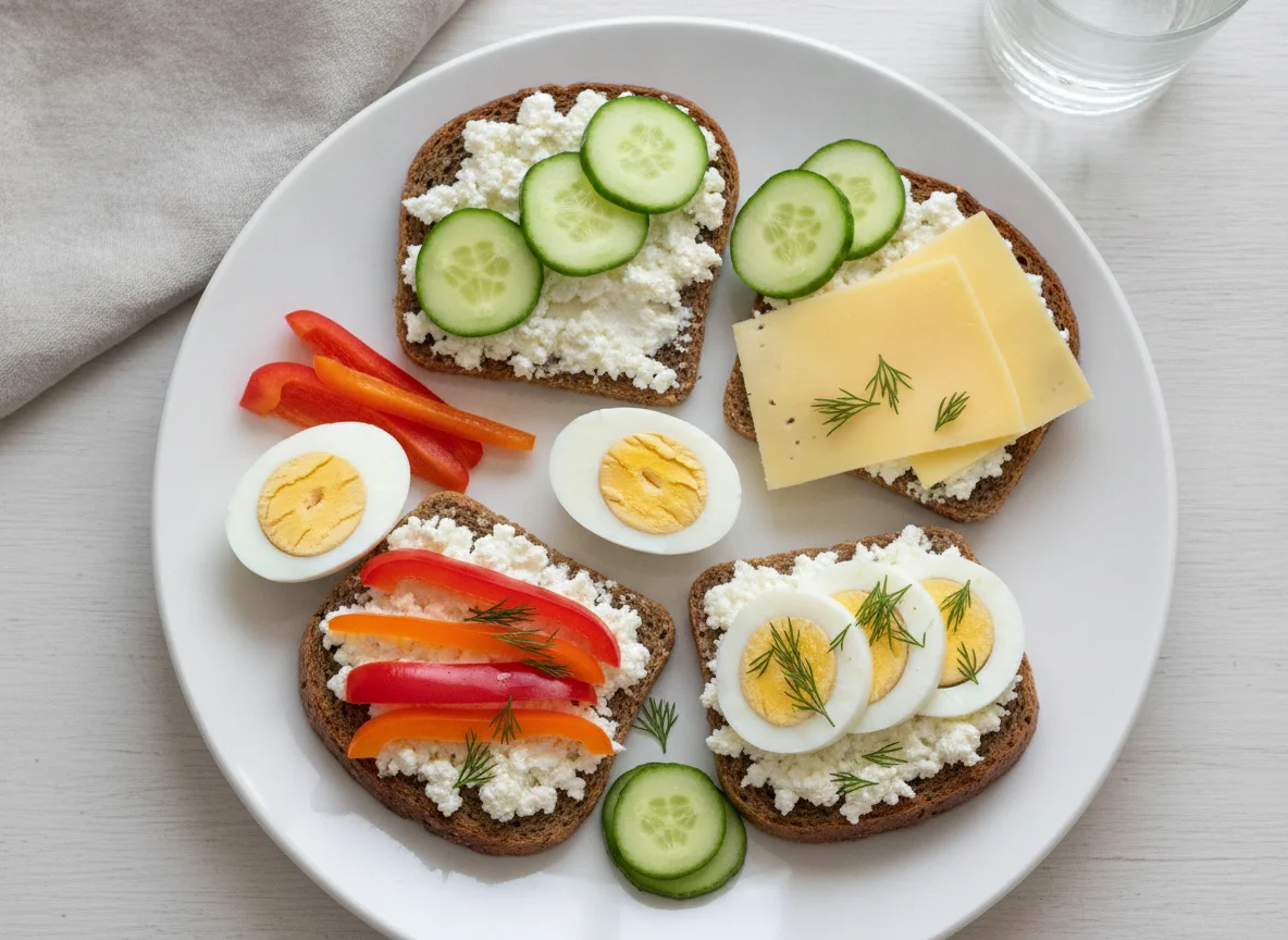 Завтрак с бутербродами, яйцом и овощами photo