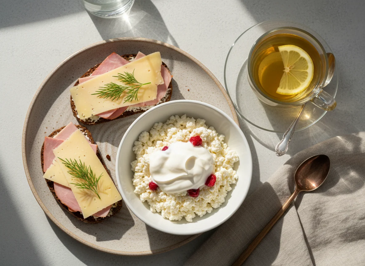 Завтрак с бутербродами, чаем и творогом photo