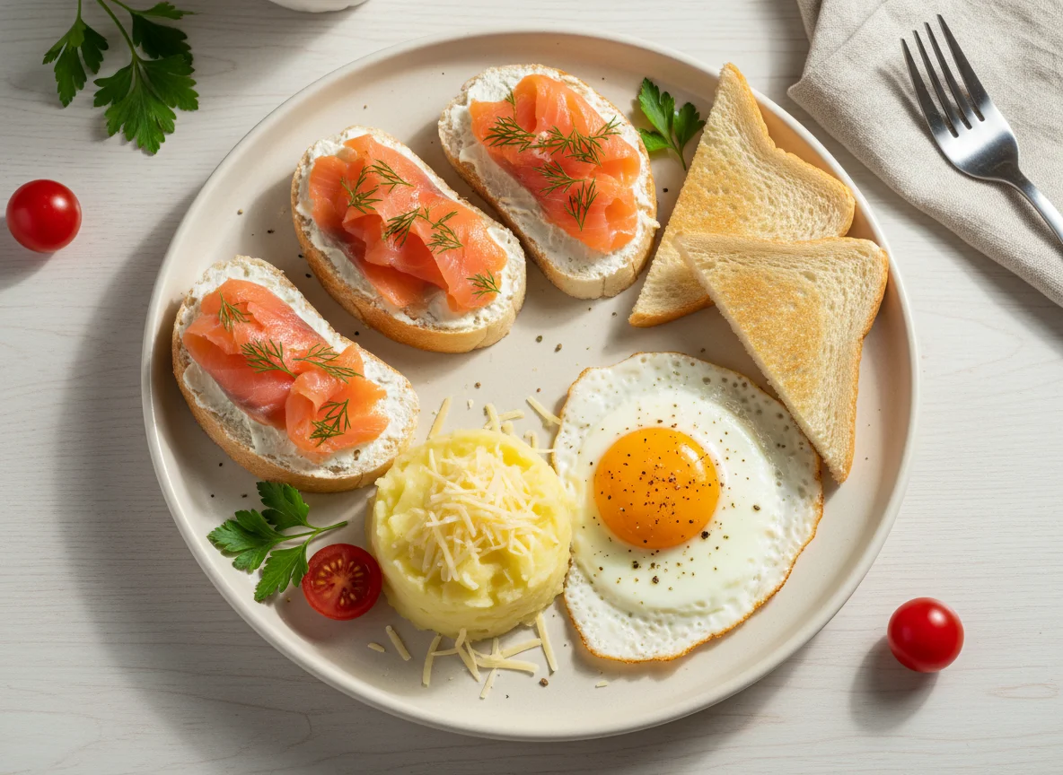 Завтрак с бутербродами и яичницей photo