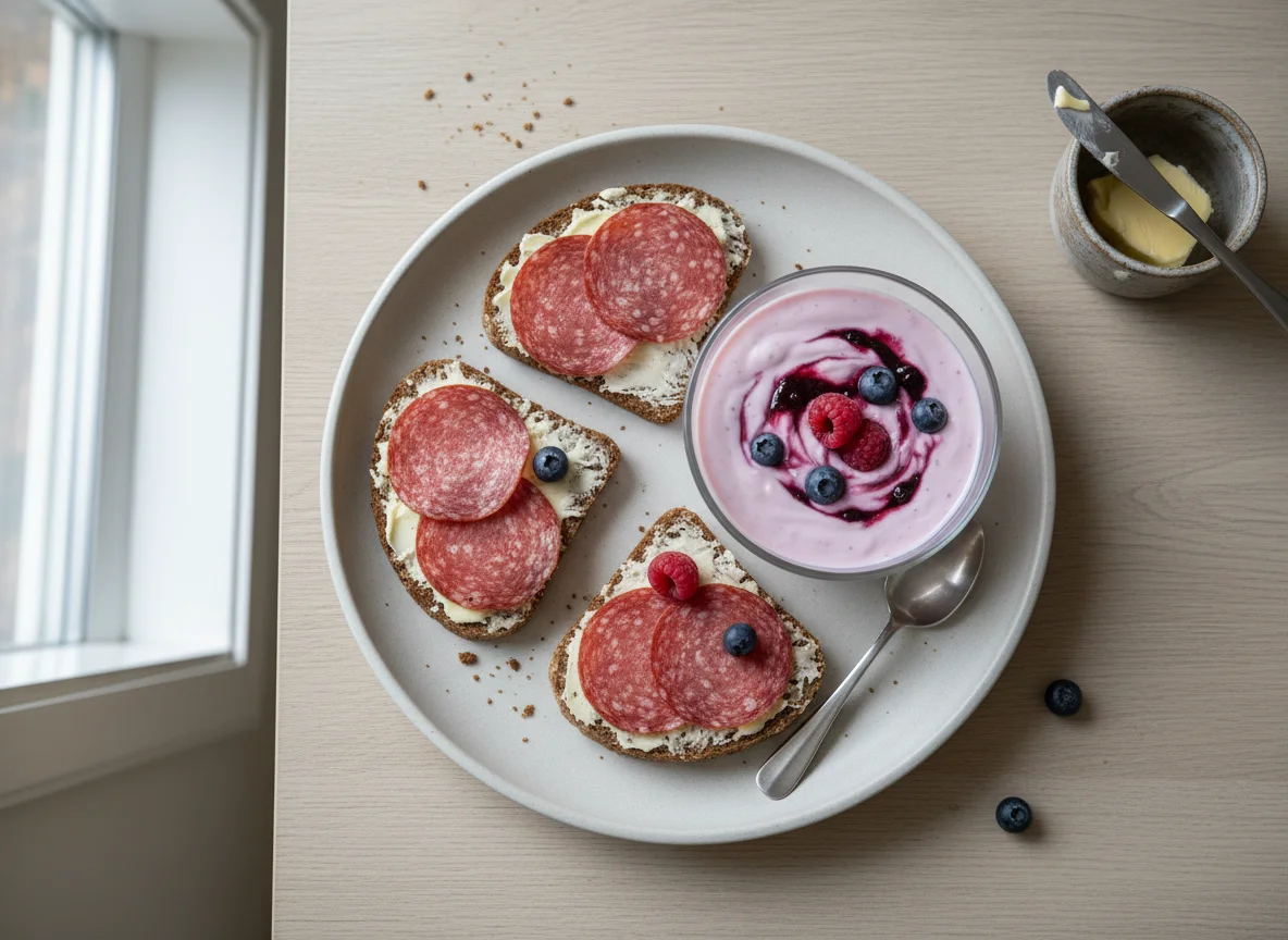 Завтрак с бутербродами и йогуртом photo