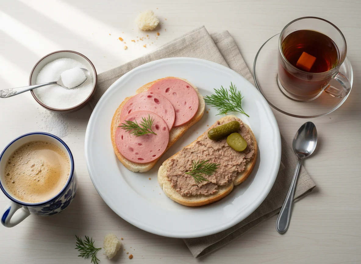 Завтрак с бутербродами и напитком photo