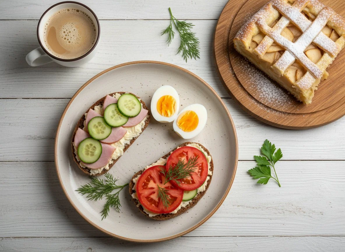 Завтрак с бутербродами и овощами photo