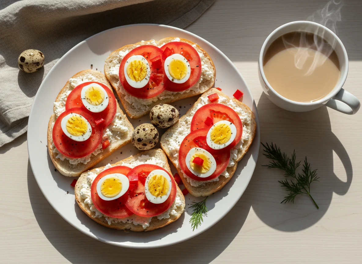 Завтрак с бутербродами и перепелиными яйцами photo