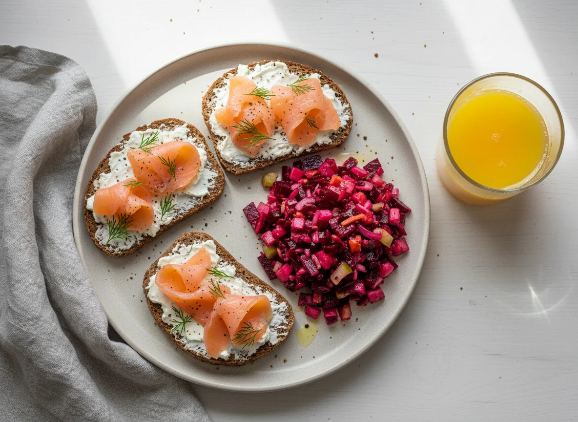 Завтрак с бутербродами и салатом photo