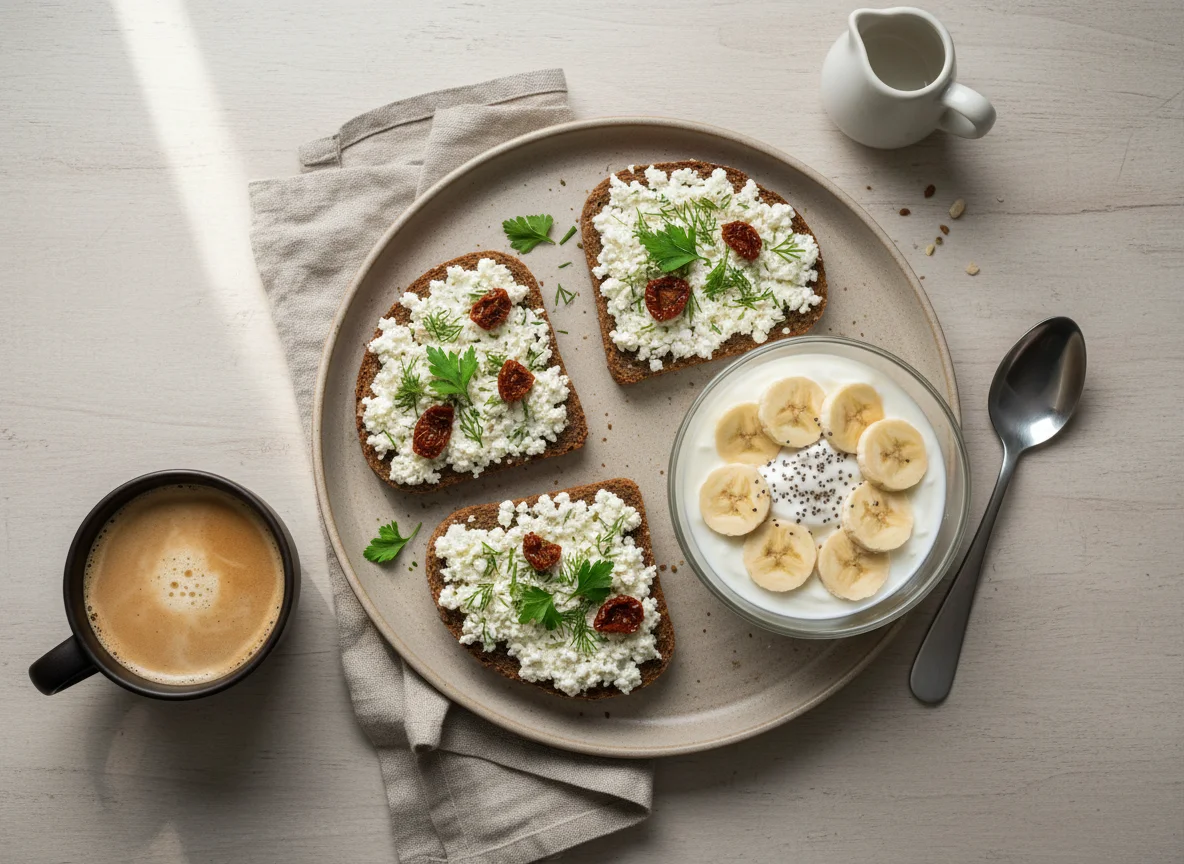 Завтрак с бутербродами, йогуртом и кофе photo