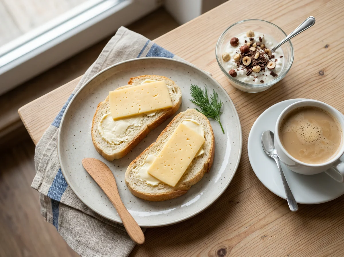 Завтрак с бутербродами, кофе и творожным десертом photo