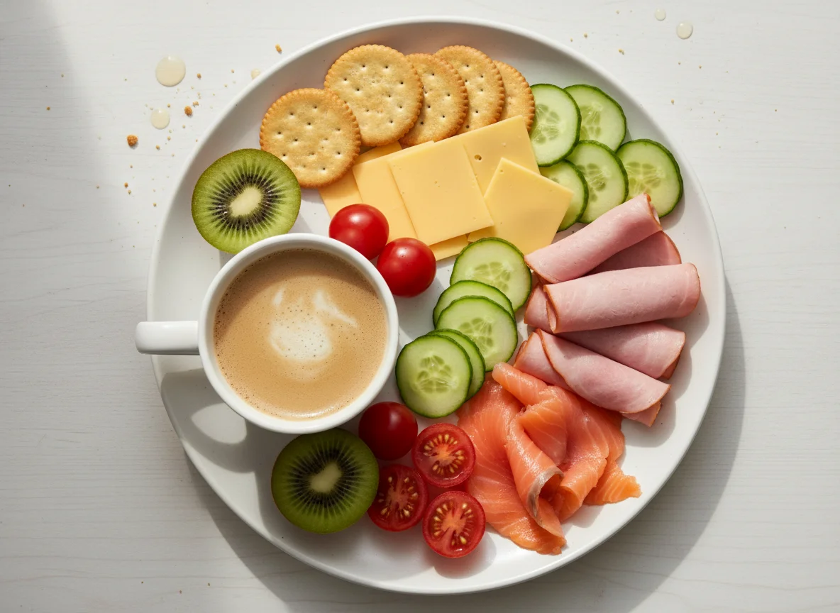 Завтрак с бутербродами, овощами и фруктами photo