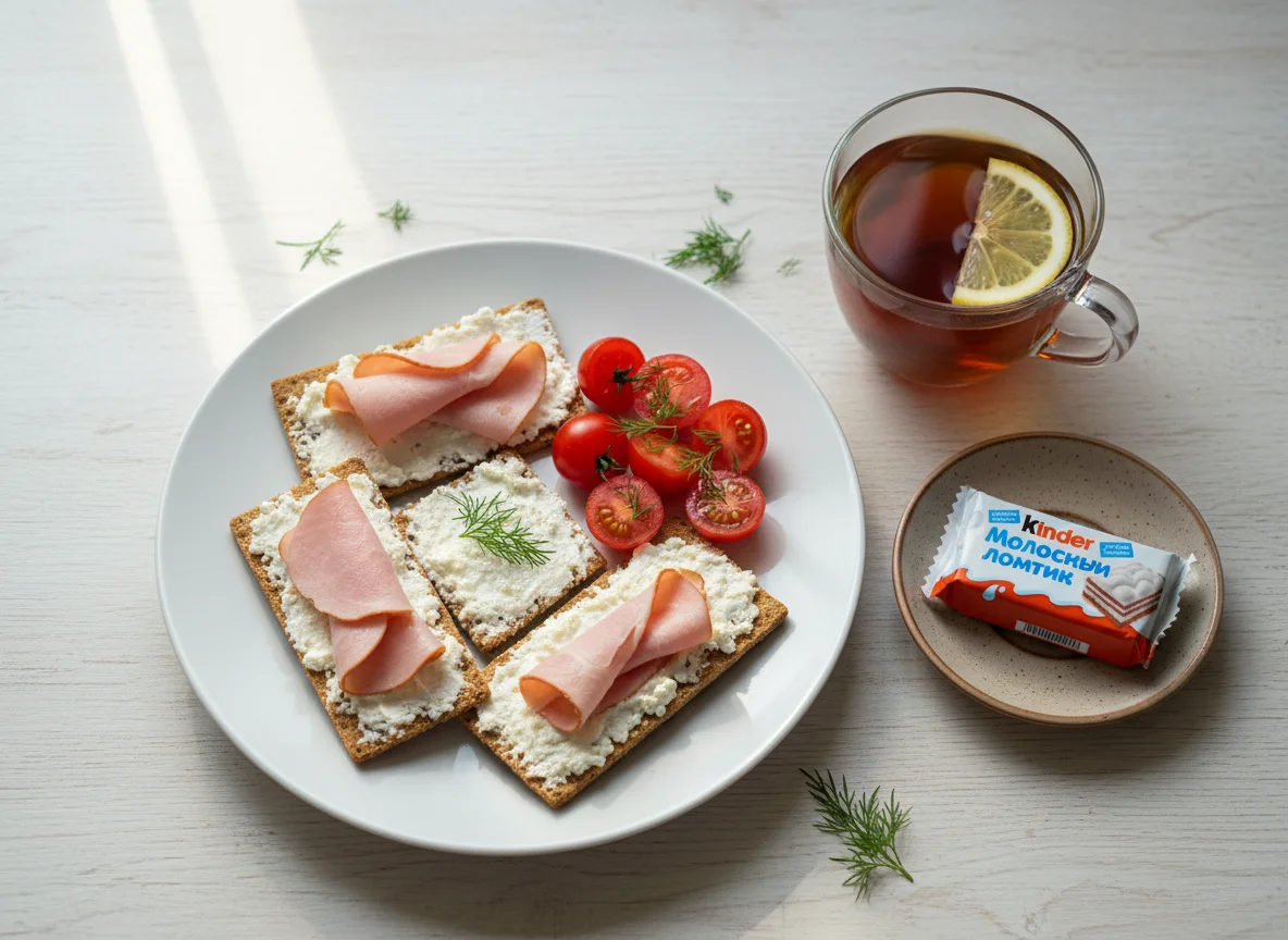 Завтрак с бутербродами, помидорами и чаем photo