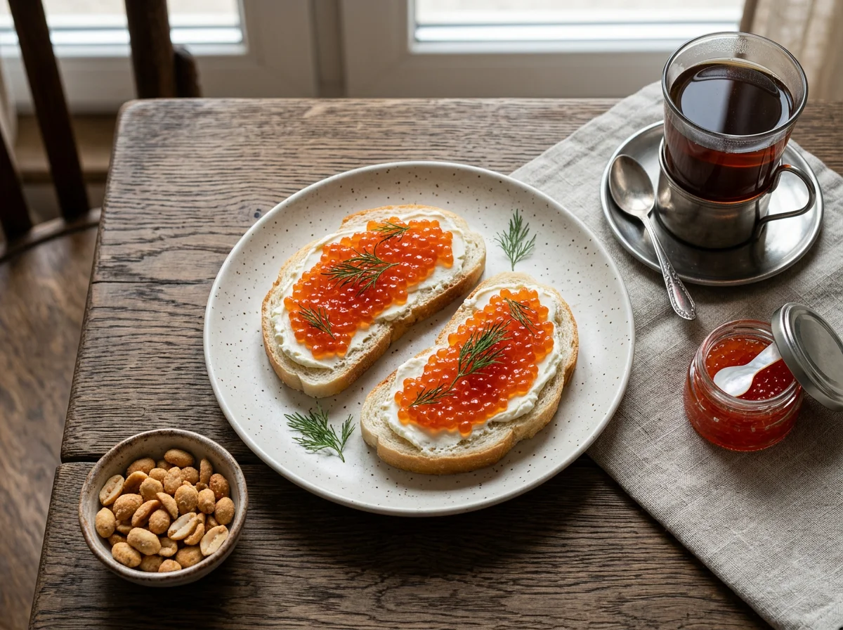 Завтрак с бутербродами с икрой, арахисом и чаем photo