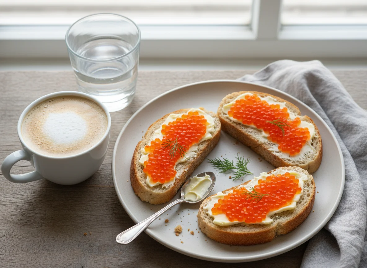 Завтрак с бутербродами с икрой и кофе photo