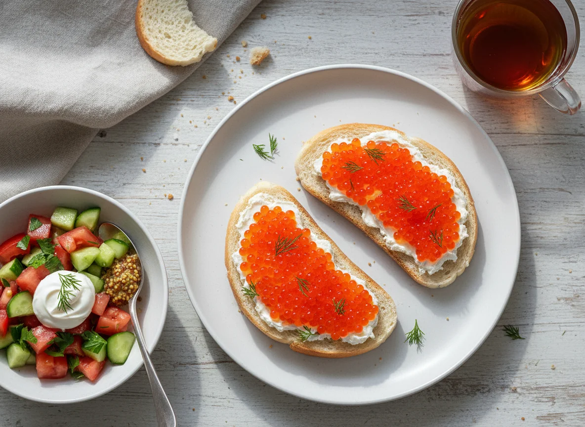 Завтрак с бутербродами с икрой и овощным салатом photo