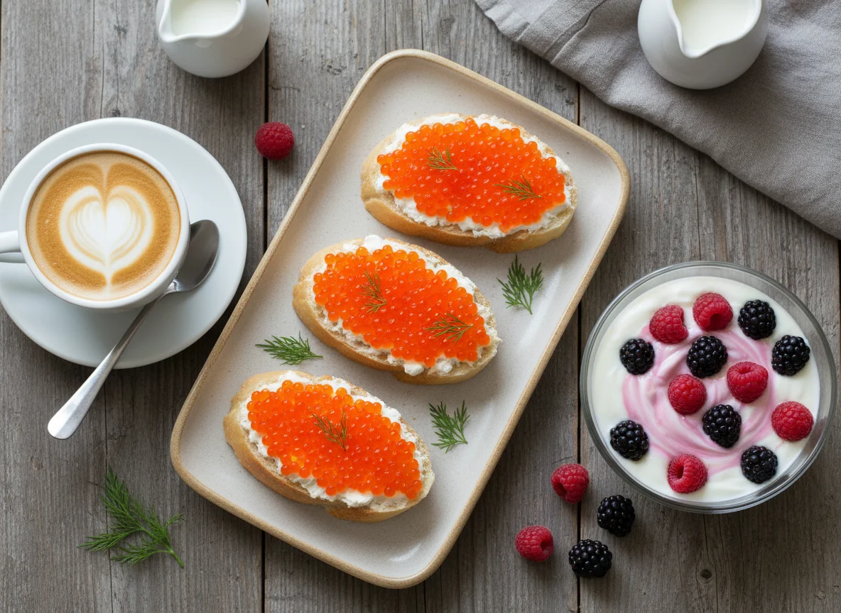 Завтрак с бутербродами с икрой, йогуртом с ягодами и капучино photo