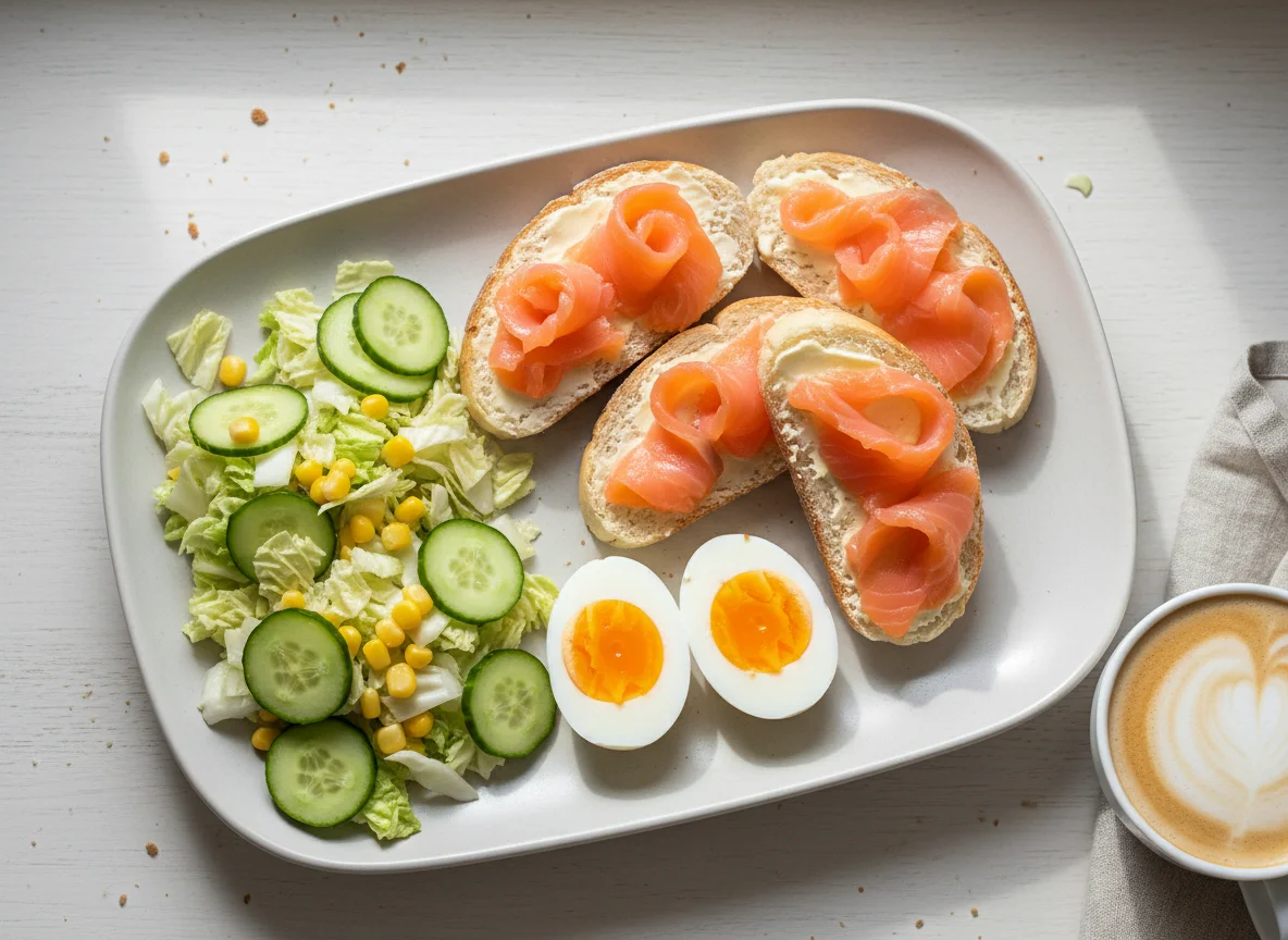 Завтрак с бутербродами с лососем, яйцами, салатом и кофе photo
