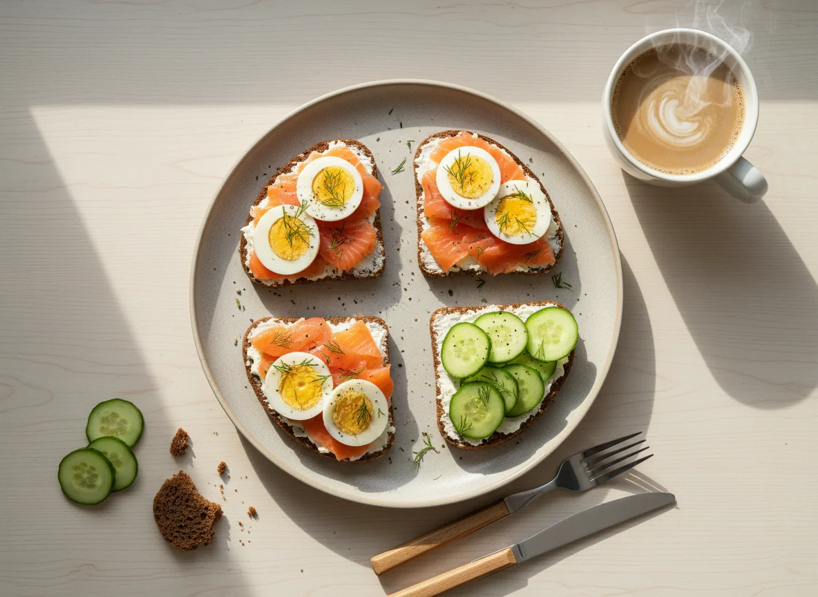 Завтрак с бутербродами с лососем и яйцами photo