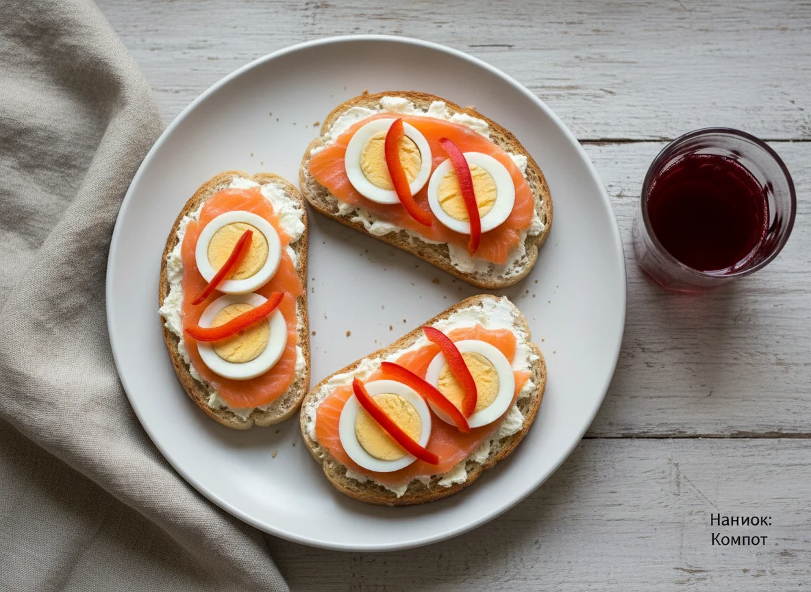 Завтрак с бутербродами с лососем и яйцом photo