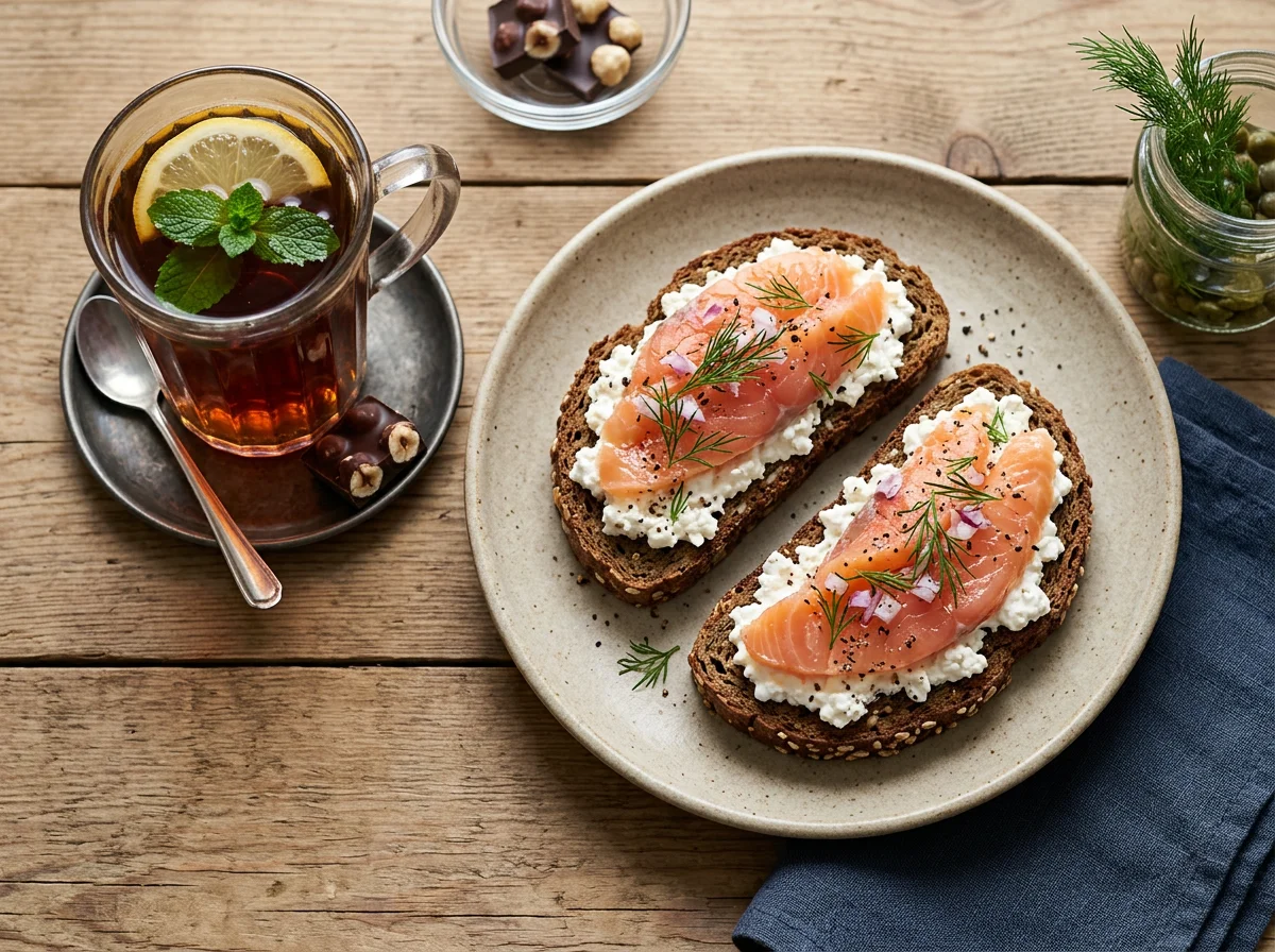 Завтрак с бутербродами с лососем и чаем photo