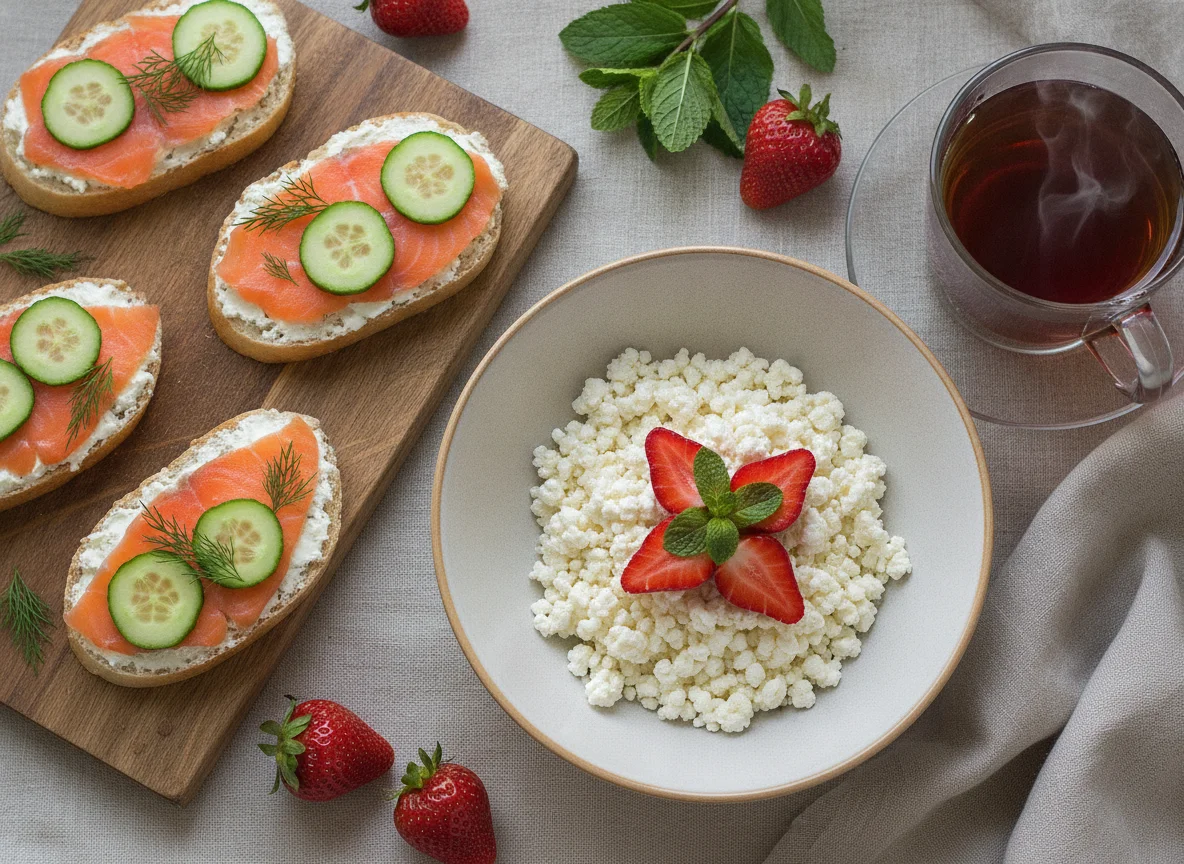 Завтрак с бутербродами, творогом и чаем photo