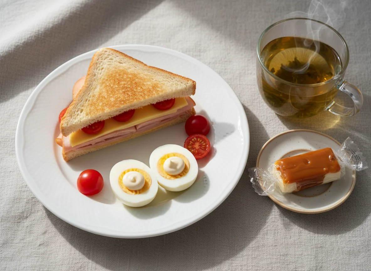 Завтрак с бутербродом, яйцами и чаем photo