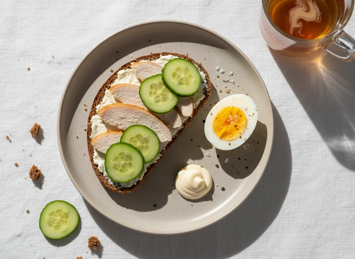 Завтрак с бутербродом, яйцом и чаем photo