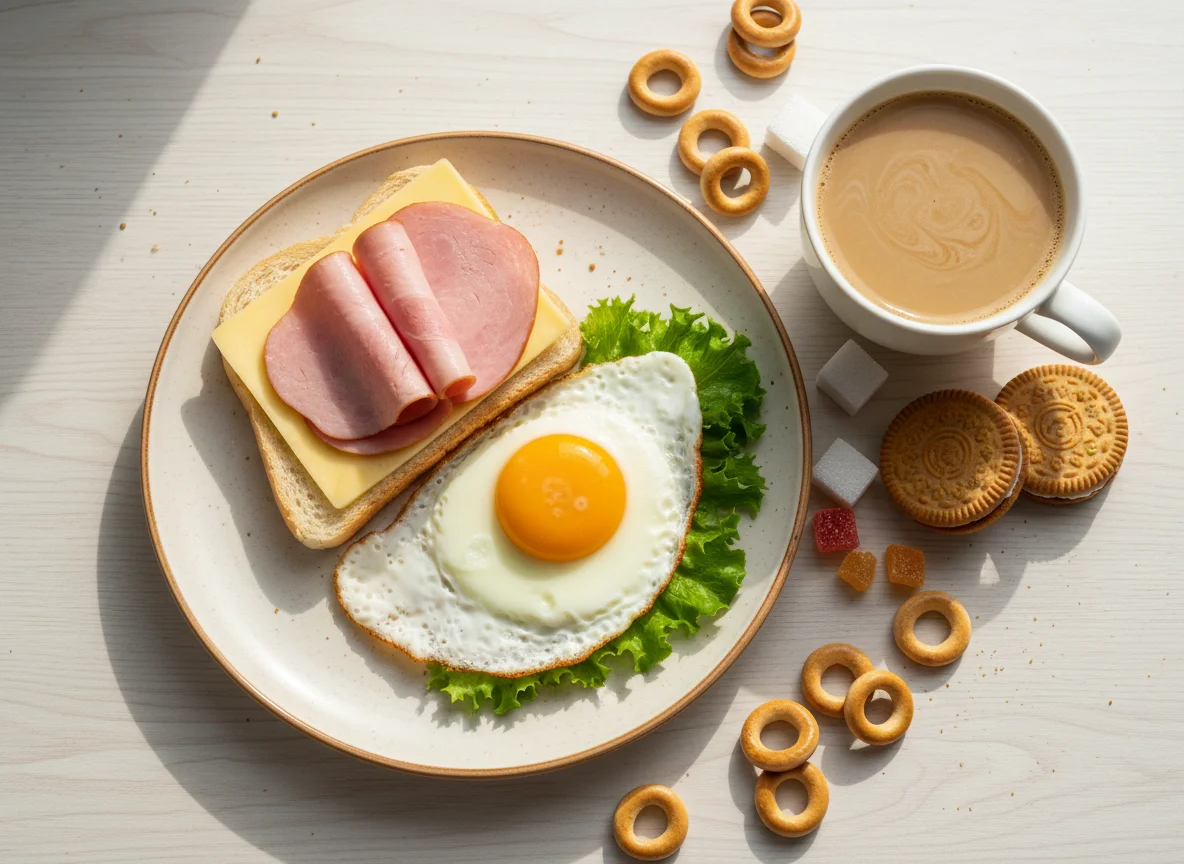 Завтрак с бутербродом, яйцом и кофе photo