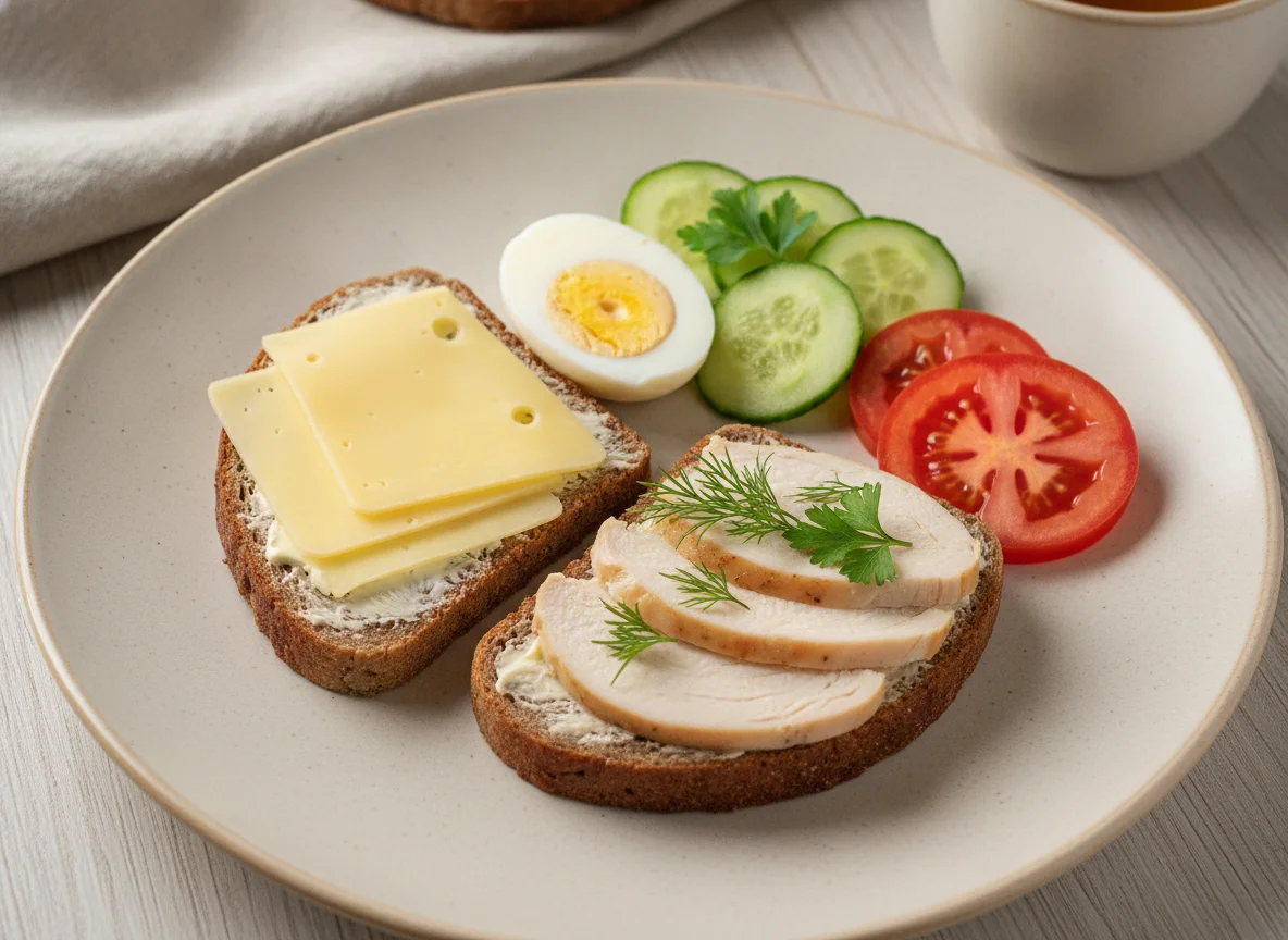 Завтрак с бутербродом, яйцом и овощами photo