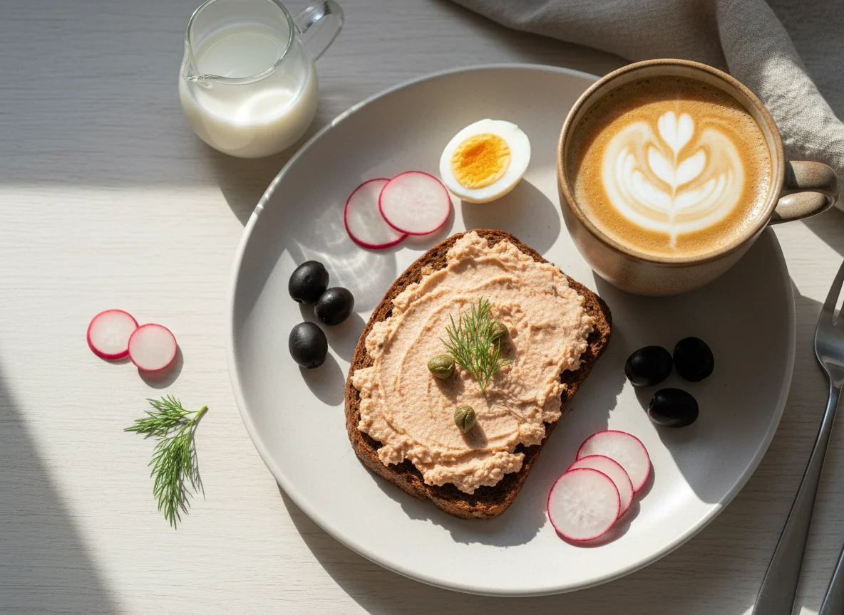 Завтрак с бутербродом и кофе с молоком photo