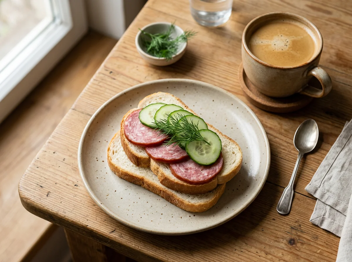 Завтрак с бутербродом и напитком photo