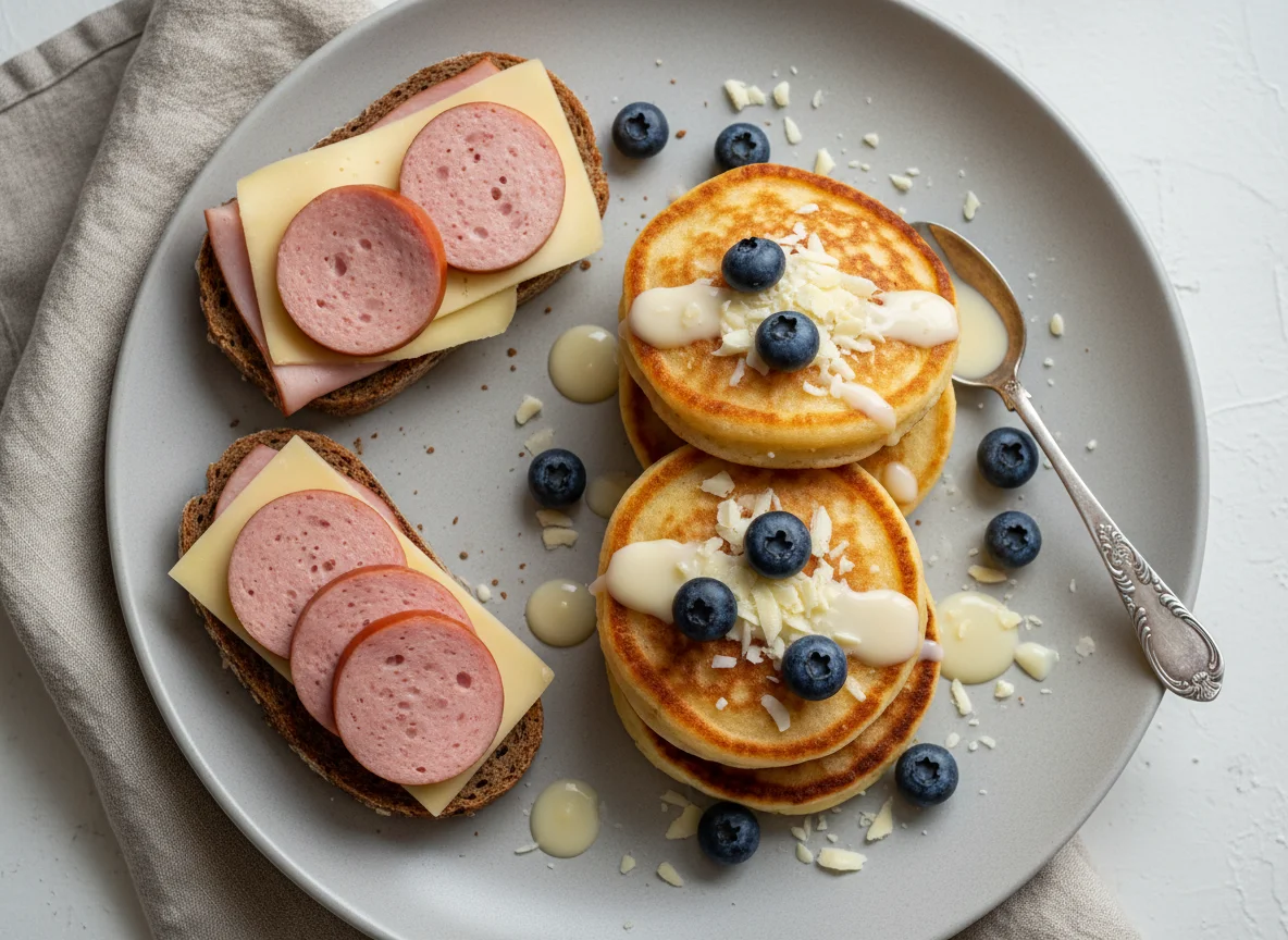 Завтрак с бутербродом и оладьями photo