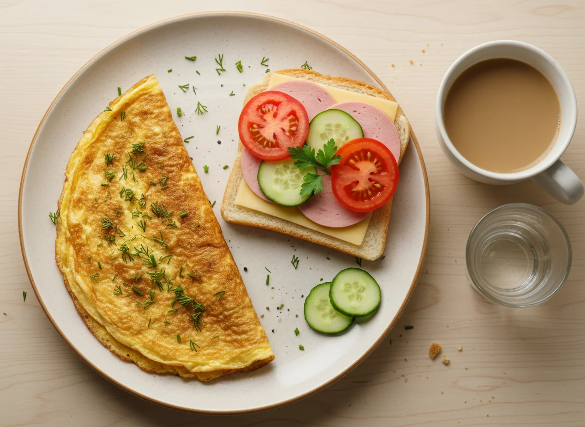 Завтрак с бутербродом и омлетом photo