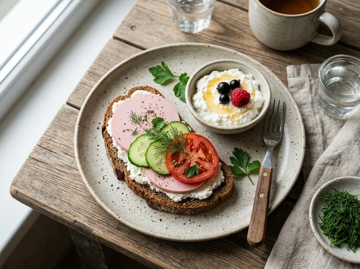 Завтрак с бутербродом и овощами photo