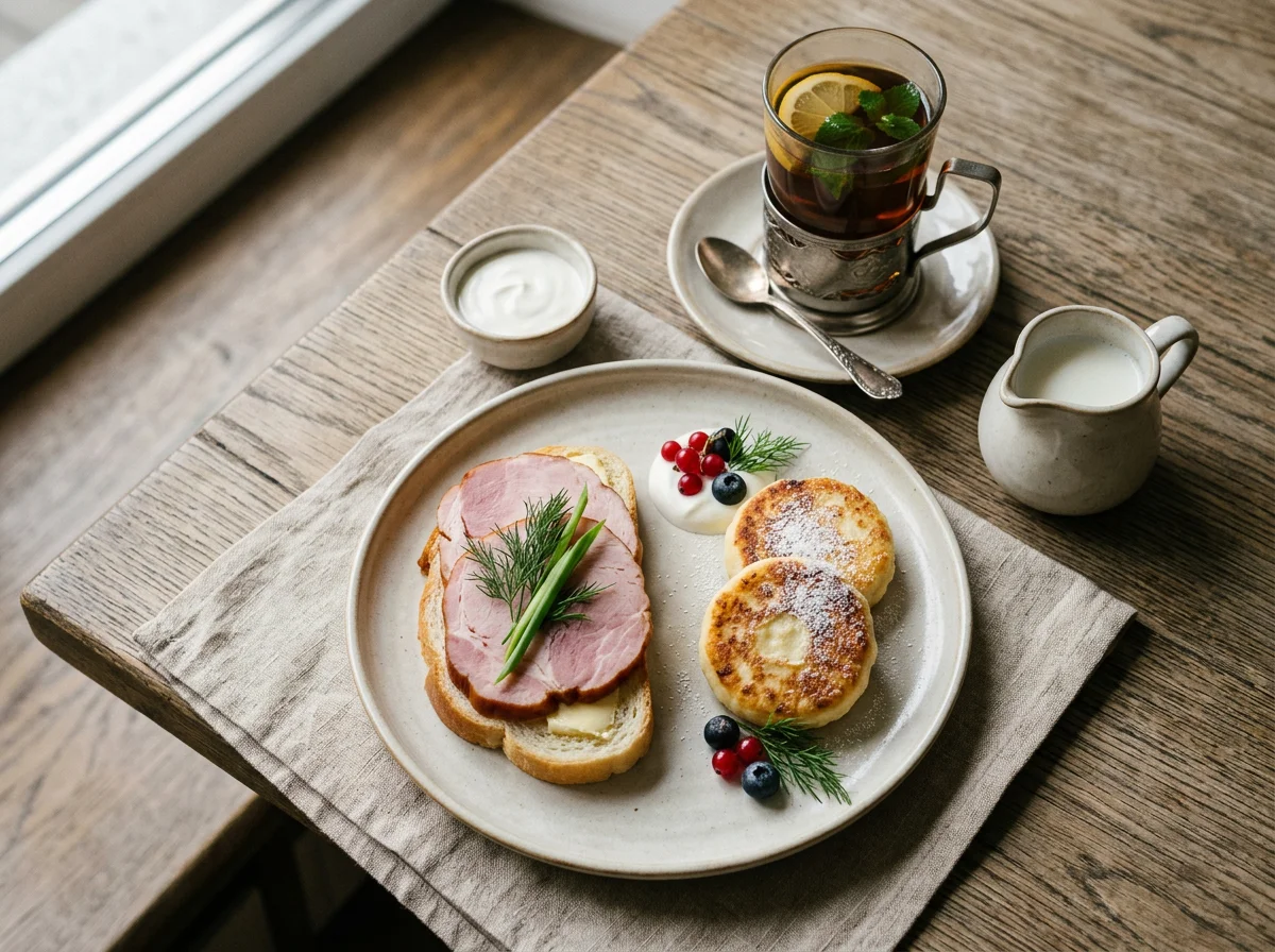 Завтрак с бутербродом и сырниками photo