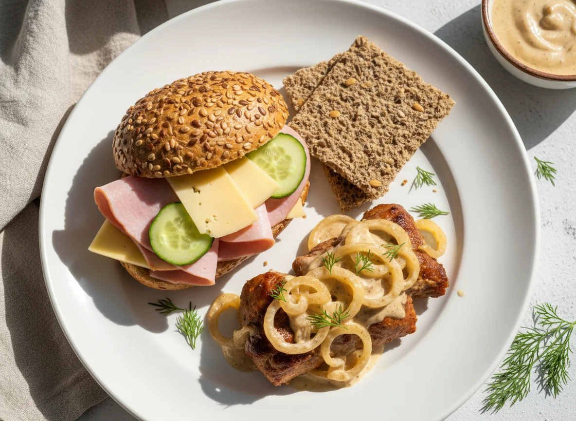 Завтрак с бутербродом и запеченным мясом photo